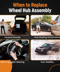 Symptoms indicating replacement needed for wheel hub assembly: unusual sounds, poor braking, stiff steering, stability issues