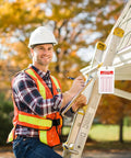 60 Pack Ladder Inspection Tags With Double Sided Safety Record Labels And Beefy Nylon Cords Plus Durable Ink Pen For Warehouse Crews And Municipal Sites Easy Grip Layout Straight Talk Compliance Notes Built Tough For The Day Shift Grind used by a worker inspecting a ladder.