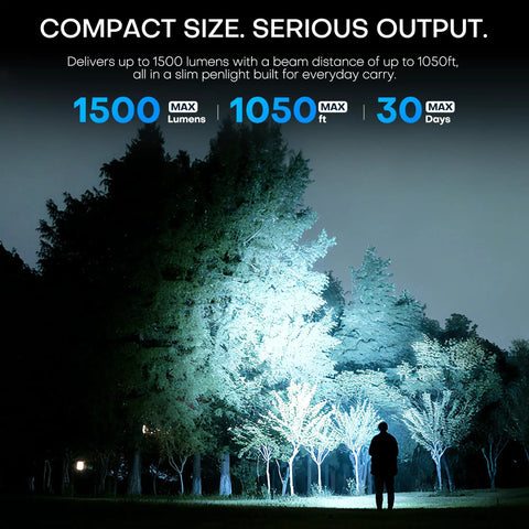 Rechargeable EDC Tactical Flashlight With Dual Switch And Turbo Button 1500 Lumen Beast illuminating trees at night