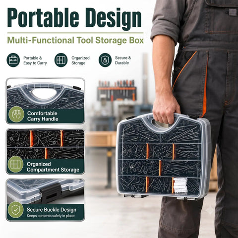 Drywall Screws Assortment Kit 1100 Pieces With Thirteen Sizes Size Six And Size Eight Black Phillips Wood Screws In Two And Three Quarter Inches Two Inches One And One Half Inches One And One Quarter Inches One Inch Three Quarter Inch Five Eighths Inch portable storage box