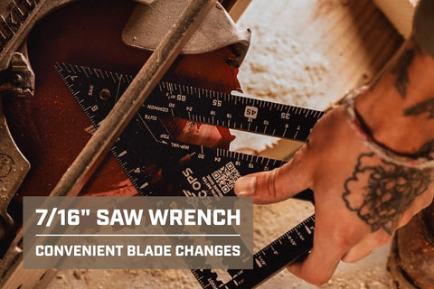 7/16" saw wrench shown with hands for blade changes, highlighting solid construction and ease of use.