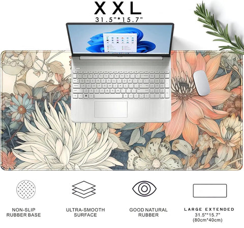 Large Boho Floral Desk Pad 31.5 By 15.7 Inches With Non Slip Rubber Base For Gaming Mouse Keyboard And Laptop Extended Desk Mat