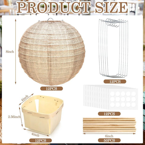 12 Sets Burlap Paper Lanterns and Wooden Centerpieces Kit showing burlap lantern, wood sticks, basket, and frame