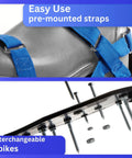 Close-up of adjustable strap lawn aerator shoes showing blue straps and interchangeable 2 inch spikes for lawn and concrete use.