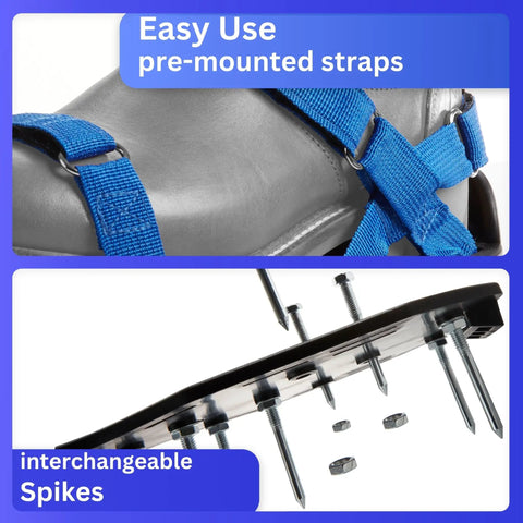 Close-up of adjustable strap lawn aerator shoes showing blue straps and interchangeable 2 inch spikes for lawn and concrete use.
