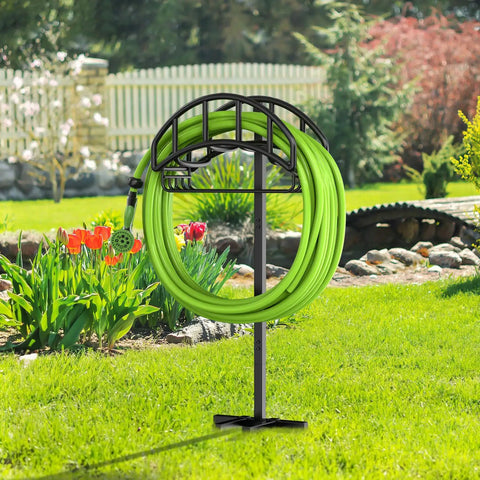 Upgraded Garden Hose Holder With Metal Reel And Detachable Tool Storage Basket Freestanding Heavy Duty Outdoor Stand
