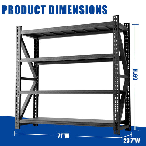 Built Like A Tank Heavy Duty Adjustable Steel Shelving Rack For Garage Or Warehouse Storage With Zero Hassle Setup And Rock Solid Frame 69By71 Inches 5000 Lbs Capacity Black Finish dimensions showing 71 inches wide and 69 inches high.