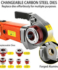 Heavy Duty Electric Pipe Threader Kit with replaceable carbon steel dies, showcasing 2300W motor and die sizes from half to two inches.