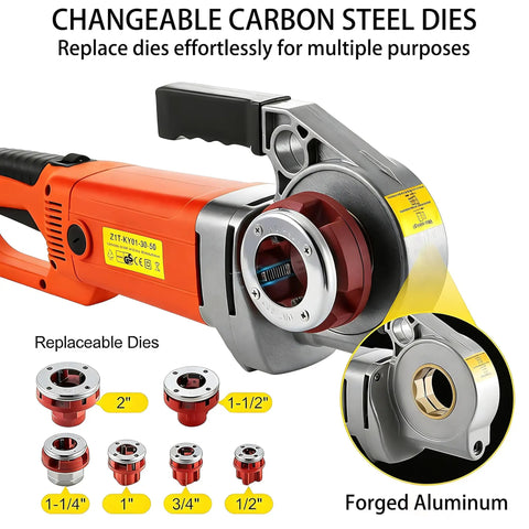 Heavy Duty Electric Pipe Threading Machine Powered By A Killer 2300W Copper Motor, showing replaceable carbon steel dies.