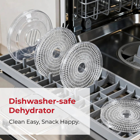 Straight Up Five Tray Food Dehydrator Machine With Adjustable Temperature Dial Horizontal Heat Flow For Preparing Homemade Jerky Fresh Herbs Ripe Fruit Crunchy Veggies Zero Additives Bpa Free White in a dishwasher.