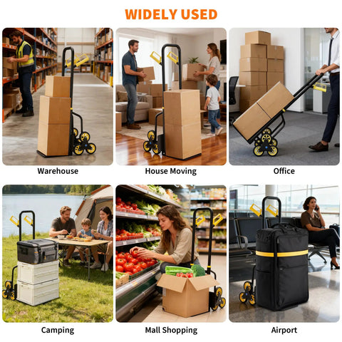 3-In-1 Convertible Stair Climbing Hand Truck Dolly With Six Non-Slip Wheels And Adjustable Handle Heavy-Duty Platform Cart That Hauls Up To 440 Pounds On Flat Surfaces And 400 Pounds On Stairs Black And Yellow, loaded with boxes