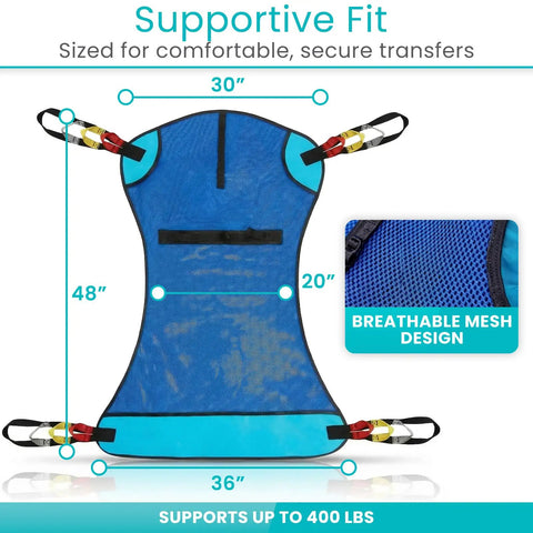 Vive Light Transfer Sling For Showering And Home Care, 30x48 inch breathable mesh design, supports up to 400 lbs, secure transfers.