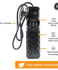 Front view of Seven Day Digital Power Strip With Timer For Lamps And Electronics, Eight Outlets, 1800W 15A 120V Indoor Black Power Hub
