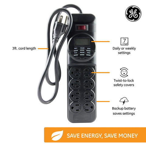Front view of Seven Day Digital Power Strip With Timer For Lamps And Electronics, Eight Outlets, 1800W 15A 120V Indoor Black Power Hub