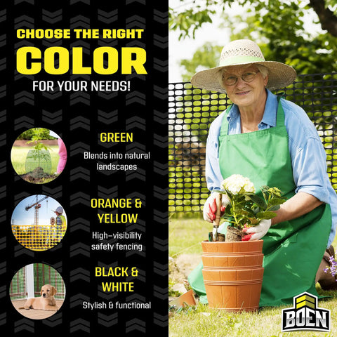 Woman gardening with 4 Foot By 100 Foot Black Temporary Fencing Mesh Snow Fence Made From Durable Plastic in background