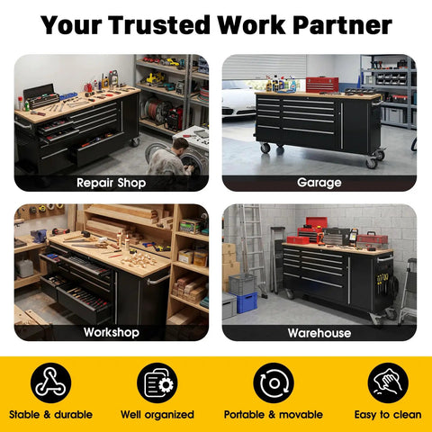 72 Inch Rolling Tool Chest With Power Outlet, Heavy Duty Tool Cabinet With 10 Drawers, Adjustable Dividers, Rubber Wood Workbench, Key Locking System And Drawer Liners For Garage Workshop in repair shop and warehouse