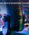 Close-up of Blue Yeti USB Microphone for PC and Mac, with mute and volume controls, ideal for gaming and streaming.
