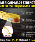 3 Inch By 8 Foot Nylon Lifting Sling Built Tough With 2 Ply 900 Webbing, Type 3 Eye And Eye, Made In USA, showing flat eye