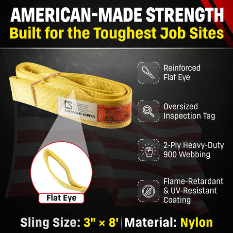 3 Inch By 8 Foot Nylon Lifting Sling Built Tough With 2 Ply 900 Webbing, Type 3 Eye And Eye, Made In USA, showing flat eye