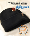 Unisex Cuffed Beanie Thick Double Knit Winter Skull Cap Black Cozy Warm For Skiing Running And Daily Cold Weather Protection Ultra Soft No Itch Comfort on white surface showing color fastness label
