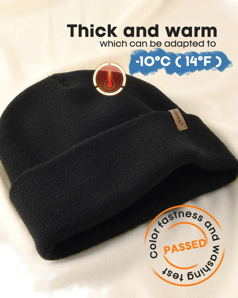Unisex Cuffed Beanie Thick Double Knit Winter Skull Cap Black Cozy Warm For Skiing Running And Daily Cold Weather Protection Ultra Soft No Itch Comfort on white surface showing color fastness label