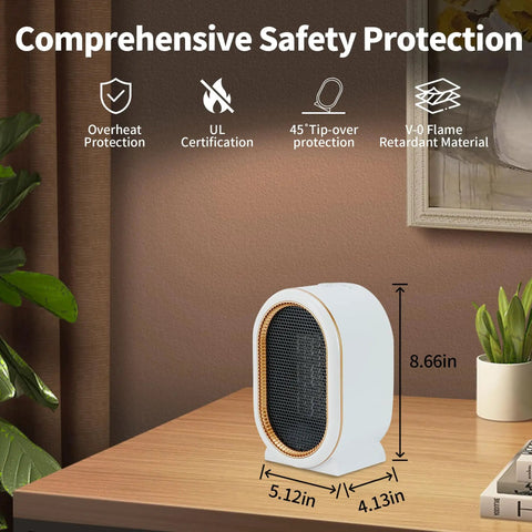 Portable Ceramic Space Heater 1200W Indoor Electric Space Heater With Overheat And Tip Over Protection on a desk