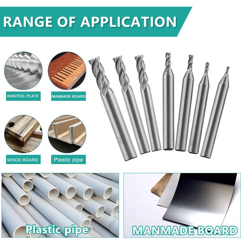 Seven Piece Straight End Mill Set With Four Flute Pro Grade Carbide Bits Square Nose Router Bits for wood metal aluminum steel