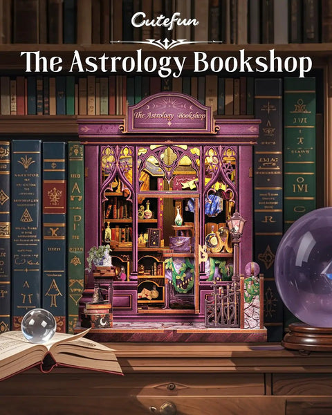 Astrology-themed DIY Miniature Book Nook Kit with LED Light 3D Wooden Puzzle and bookshop decor for beginners and teens.