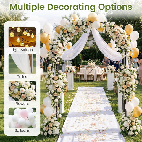 Heavy Duty 86 Inch Steel Garden Arch Pergola Arbor With Ground Stakes For Climbing Plants Ideal For Weddings Parties And Backyard Decor Weatherproof Powder Coated Frame For All Seasons decorated with flowers and balloons at an outdoor event.