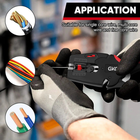 Person using Automatic Wire Stripper With Cutter 2 In 1 Self Adjusting Electrical Stripping Tool For 7-32 AWG Wires in workshop