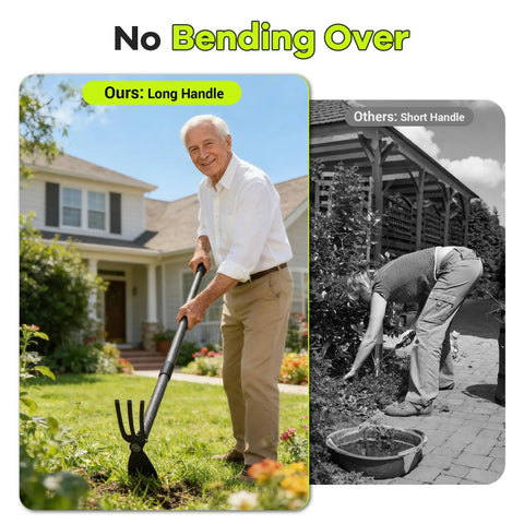 Man using 2-In-1 Garden Hoe With Adjustable 30-75 Inch Long Handle For Weeding And Tilling next to image of someone bending with short handle hoe.