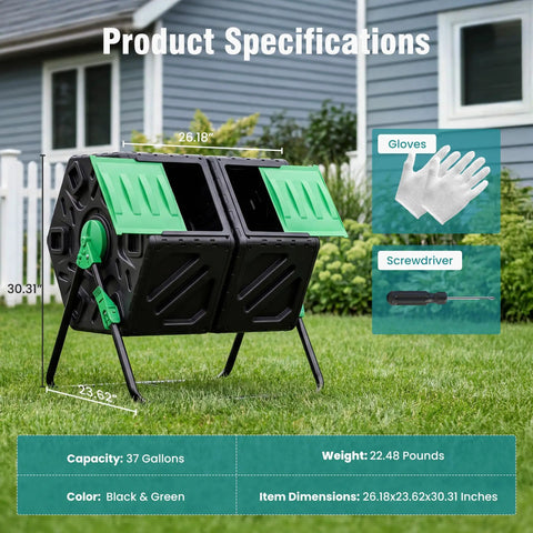 Dual Chamber 37 Gallon Compost Bin With 360 Degree Rotating Tumbler For Outdoors, shown with gardening gloves and screwdriver