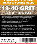 Product label for Fine Walnut Shell Media 18 To 40 Grit For Tumbling And Blasting, detailing features and safety warnings, 8 pound pack.