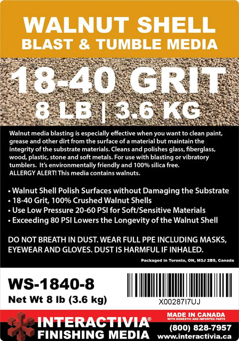 Product label for Fine Walnut Shell Media 18 To 40 Grit For Tumbling And Blasting, detailing features and safety warnings, 8 pound pack.