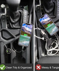 Side-by-side of a Coiled Lightning Cable Car Ready 3Ft Retractable iPhone Charger Cord 2 Pack MFi Certified and a tangled cord in a car console.