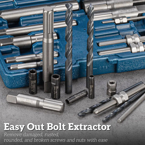 Beast Bolt Extractor Kit For Damaged Bolts And Nuts, 37 Piece Screw Extractor Set With Drilling Guides, tools displayed