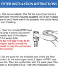 Installation guide for 40 Micron Brass Inline Washing Machine Water Filter, Reusable Sediment Filter, Anti Scale Hose Pre Filter For Water Heater, RV, Toilet Bidet, T Port And More showing steps with PTFE tape.