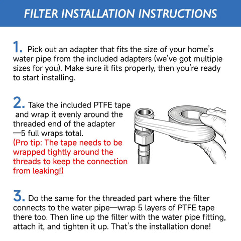Installation guide for 40 Micron Brass Inline Washing Machine Water Filter, Reusable Sediment Filter, Anti Scale Hose Pre Filter For Water Heater, RV, Toilet Bidet, T Port And More showing steps with PTFE tape.