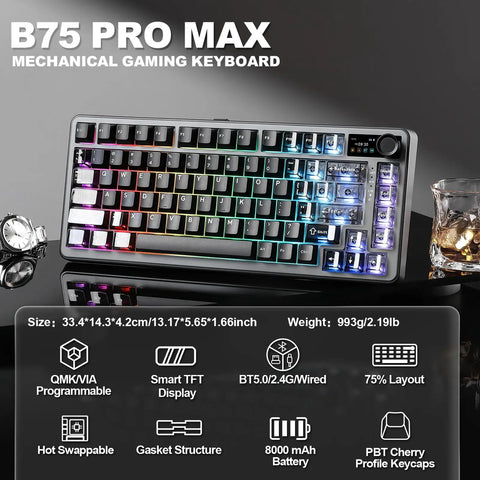 Compact 75 Percent Mechanical Keyboard Featuring Customizable LCD Screen And Rock Solid Volume Knob Equipped With Super Smooth Candy Switches For Seamless PC Gaming And Daily Grind Typing on black reflective surface.