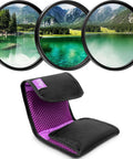 58mm Lens Filter Kit With UV Protector CPL Polarizer And ND4 Pro Grade Neutral Density Filters Plus Padded Case showcased with filters