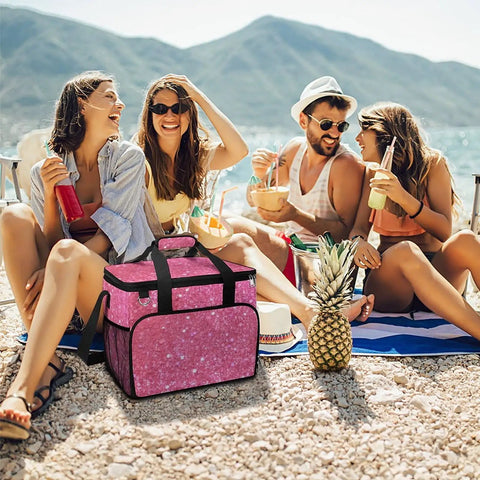 Sparkling Pink Glitter Insulated Picnic Backpack Tote Bag 30L Large Capacity Leakproof Waterproof Cooler Bag on beach with friends.