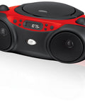 Portable Top-Loading CD Boombox With AM/FM Radio And 3.5mm Line In, red and black design, built-in stereo speakers, side view.