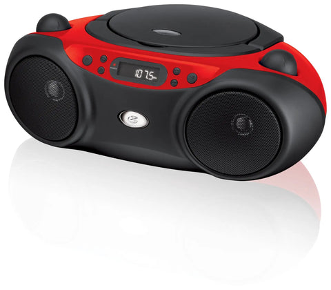 Portable Top-Loading CD Boombox With AM/FM Radio And 3.5mm Line In, red and black design, built-in stereo speakers, side view.