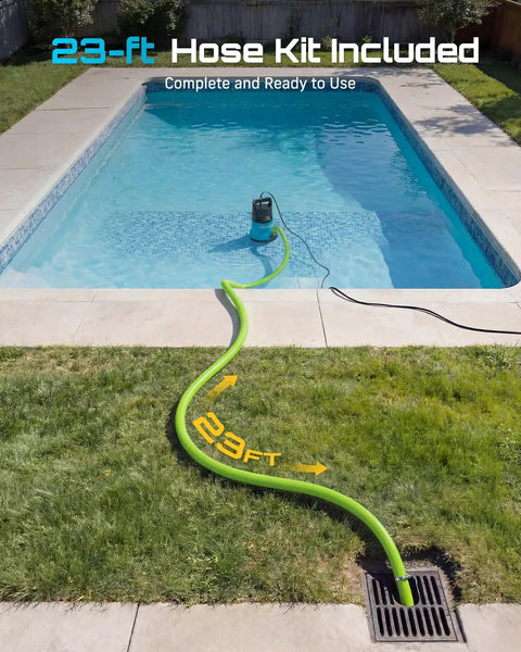 One HP Submersible Water Pump With 4755GPH High Flow Beast 23ft Hose Kit Anti Clog Filter Net shown draining pool