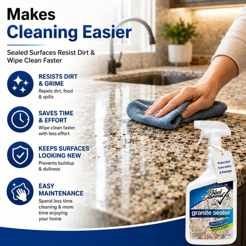 Person cleaning granite countertop with hassle free spray sealant that locks down granite and marble countertops against daily messes.