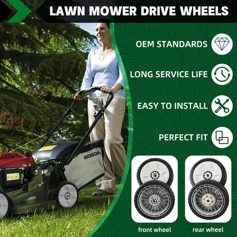 4 Pack Lawn Mower Drive Wheels Replacement Set For Honda HRR216 HRS216 HRT216 Includes 2 Rear Wheels And 2 Front Wheels 42710-VE2-M02ZE 44710-VL0-L02ZB Easy Install No Fuss Durable Replacement Wheels with woman mowing lawn