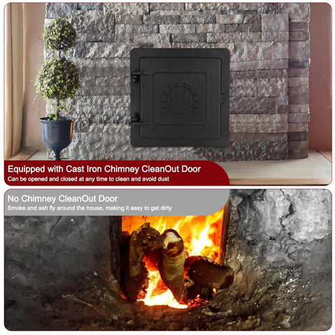 Tough As Nails Cast Iron Fireplace Chimney Cleanout Door 8 By 8 Inch Ash Dump Cover mounted on stone wall for easy access.