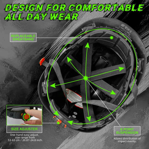 Interior view of Safety Hard Hat With Tinted And Clear Visor Vented Construction Helmet ABS Work Hard Hat For Men Six Point Suspension Adjustable Chin Strap highlighting 6-point suspension and size adjuster.