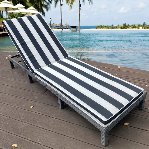 2 Pack Outdoor Lounge Chair Cushions Replacement Cushions For Patio Chaise Lounge, Black And White Stripes, poolside view