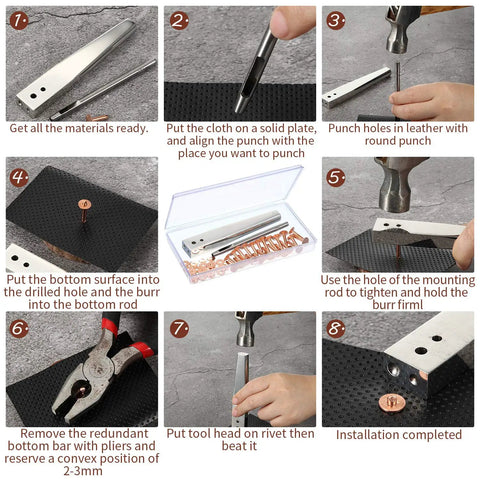 Step-by-step guide using All in One Leather Craft Kit with Copper Rivets and Burr Washers for DIY projects